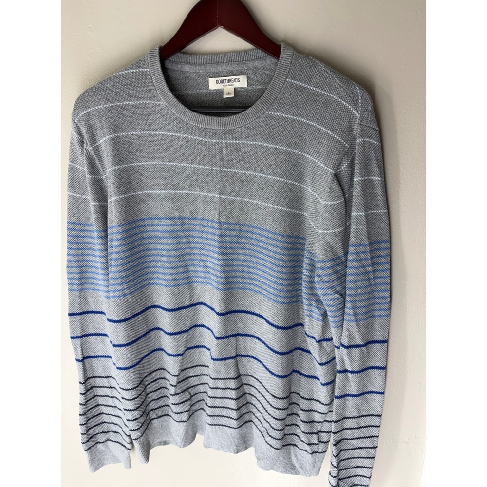 Goodthreads Mens Grey Blue Striped 100% Cotton Crewneck Sweater Large L